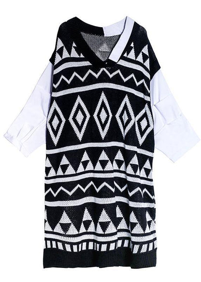 Vintage black Geometric Sweater Wardrobes Beautiful v neck DIY sweater dress - SooLinen