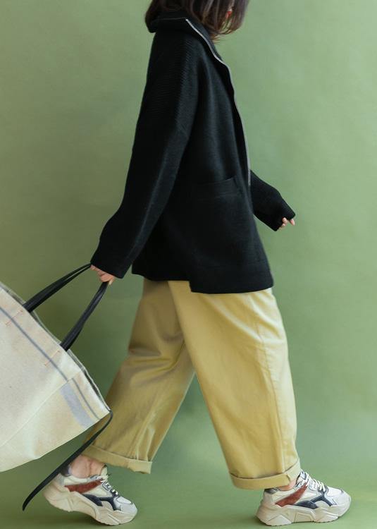 Vintage black Loose fitting winter zippered knit outwear - SooLinen