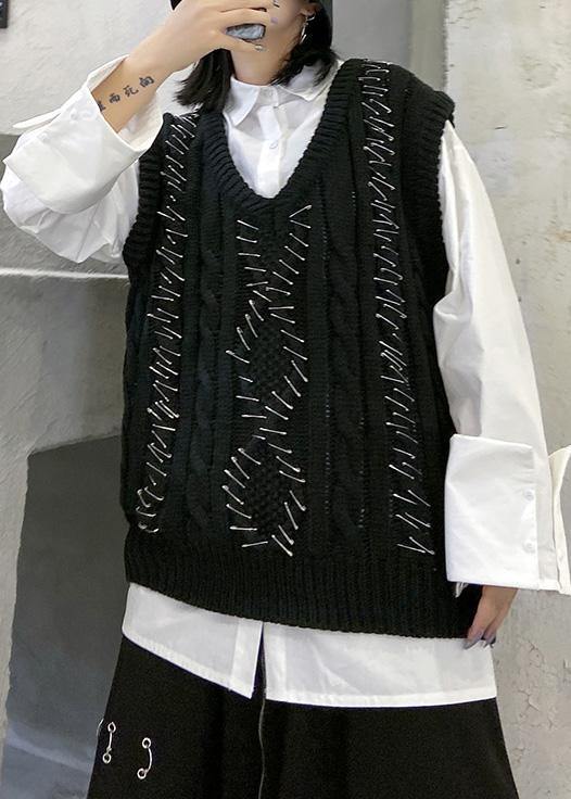 Vintage black knit blouse sleeveless plus size v neck knit sweat tops - SooLinen