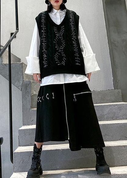 Vintage black knit blouse sleeveless plus size v neck knit sweat tops - SooLinen