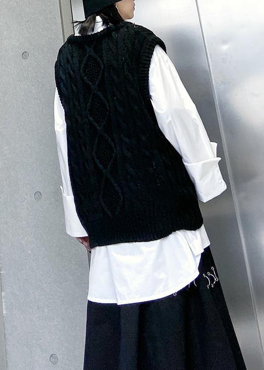 Vintage black knit blouse sleeveless plus size v neck knit sweat tops - SooLinen