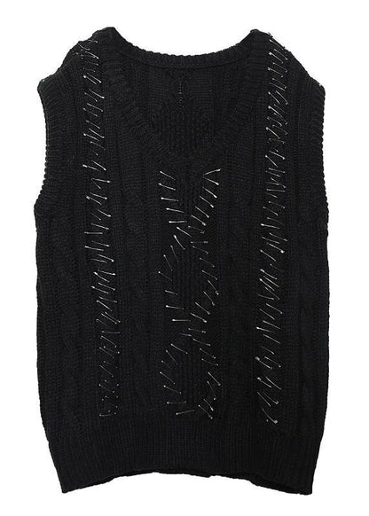 Vintage black knit blouse sleeveless plus size v neck knit sweat tops - SooLinen