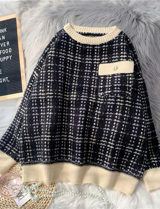 Vintage black plaid clothes For Women o neck patchwork oversize knitwear - SooLinen