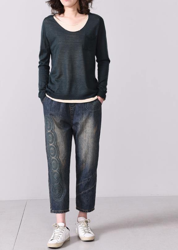 Vintage blackish green knit t shirt plussize o neck knit sweat tops false two pieces - SooLinen