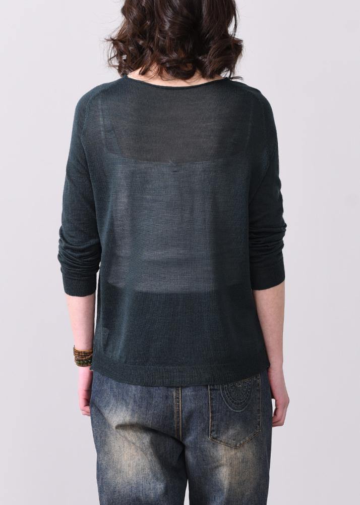 Vintage blackish green knit t shirt plussize o neck knit sweat tops false two pieces - SooLinen