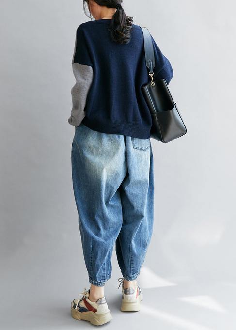 Vintage blue clothes v neck patchwork Loose fitting fall sweaters - SooLinen