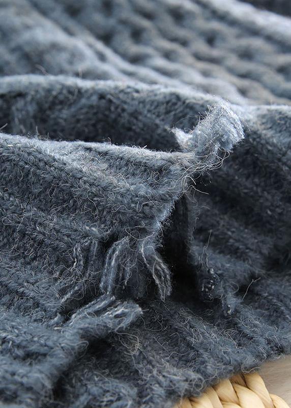 Vintage blue knit blouse spring plus size high neck knit sweat tops - SooLinen