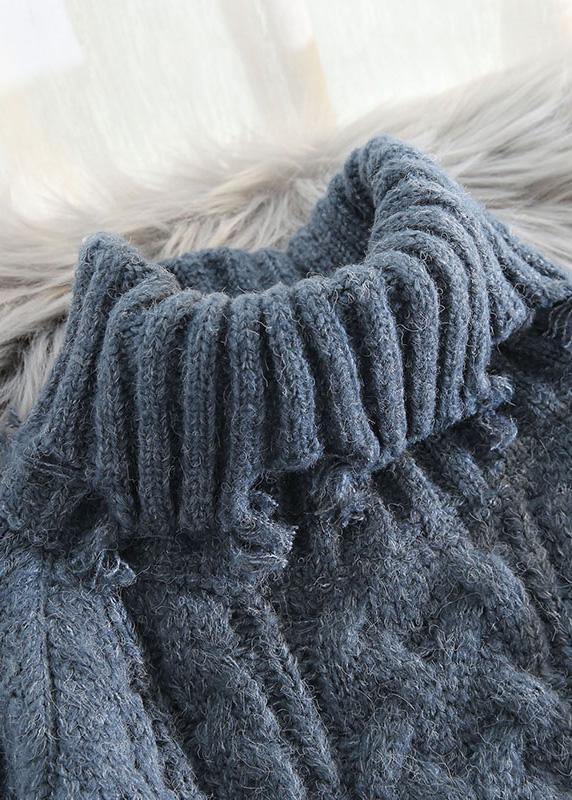 Vintage blue knit blouse spring plus size high neck knit sweat tops - SooLinen