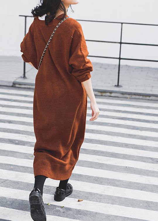 Vintage chocolate Sweater Wardrobes Street Style v neck baggy daily sweater dresses - SooLinen