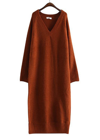 Vintage chocolate Sweater Wardrobes Street Style v neck baggy daily sweater dresses - SooLinen