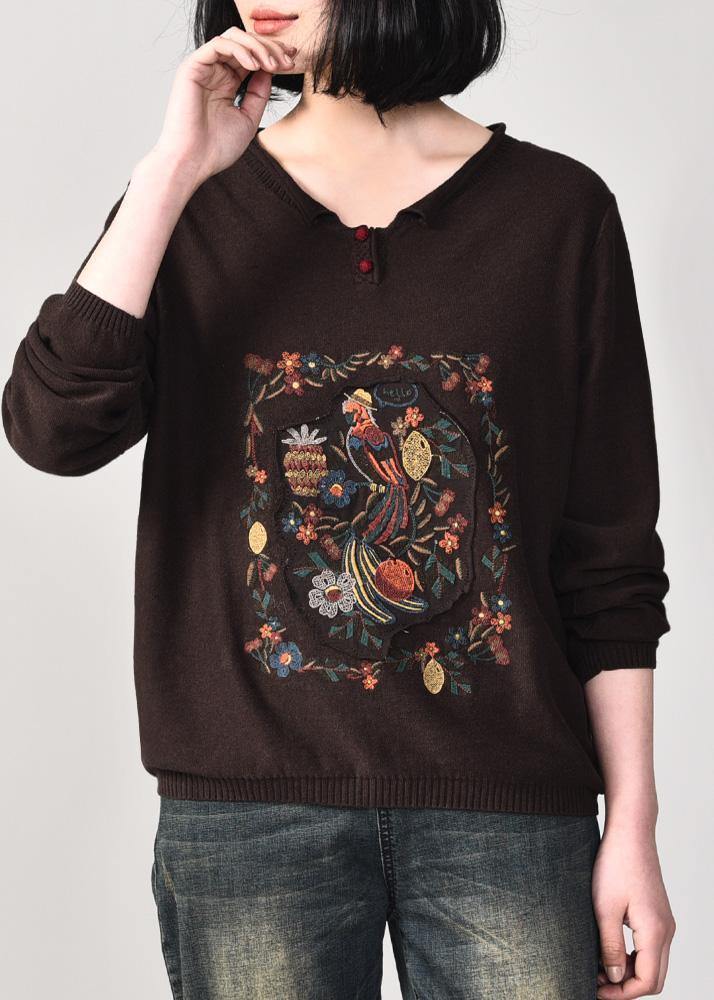 Vintage chocolate knit blouse casual v neck knitwear wild - SooLinen