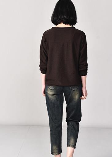 Vintage chocolate knit blouse casual v neck knitwear wild - SooLinen