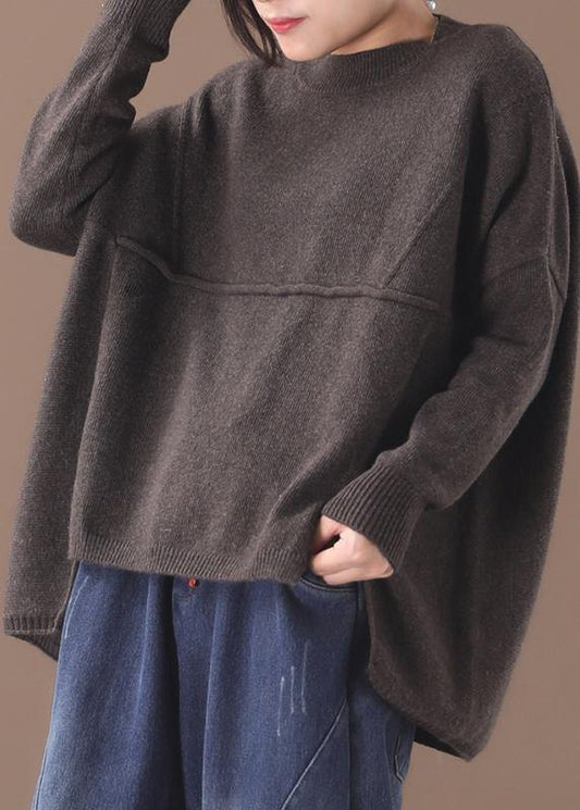 Vintage chocolate knitted top trendy plus size patchwork sweaters asymmetric hem - SooLinen