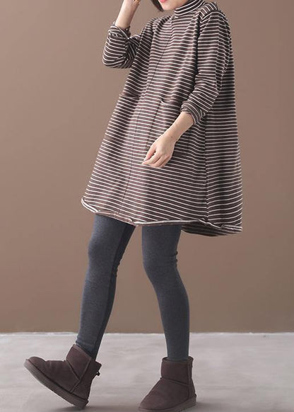 Vintage chocolate striped knitwear oversize high neck asymmetric clothes - SooLinen