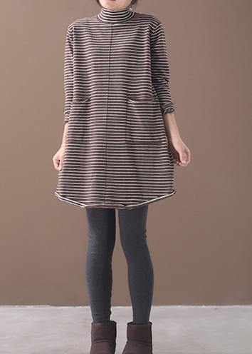 Vintage chocolate striped knitwear oversize high neck asymmetric clothes - SooLinen