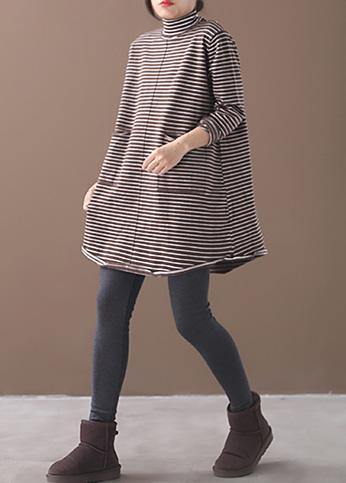 Vintage chocolate striped knitwear oversize high neck asymmetric clothes - SooLinen