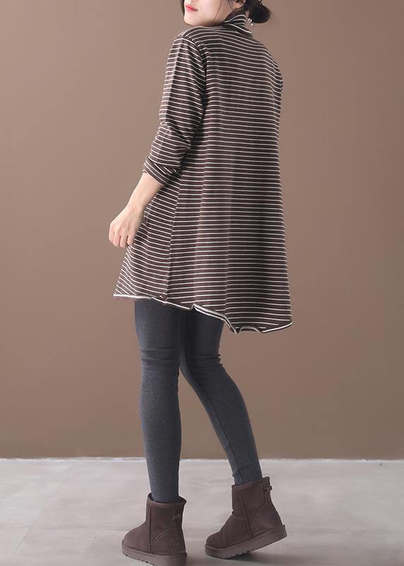 Vintage chocolate striped knitwear oversize high neck asymmetric clothes - SooLinen