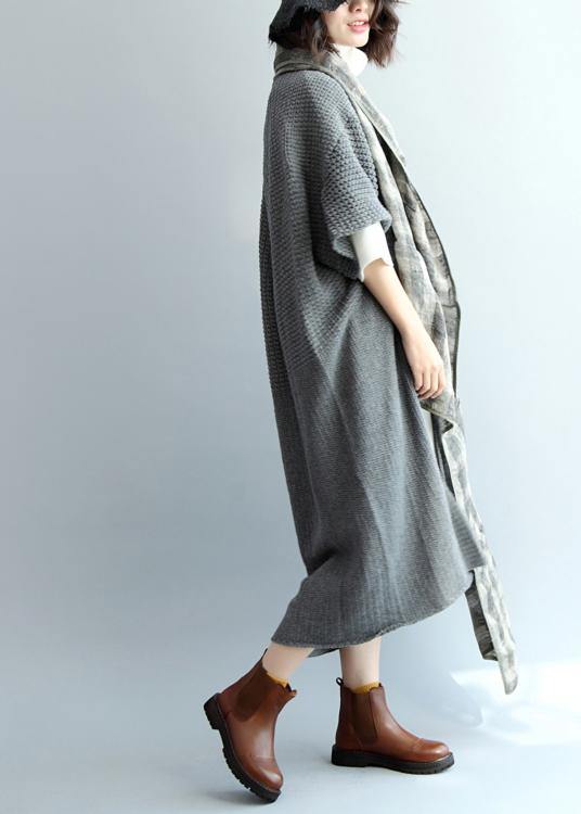 Vintage dark gray knit coats trendy plus size v neck knit sweat coats - SooLinen