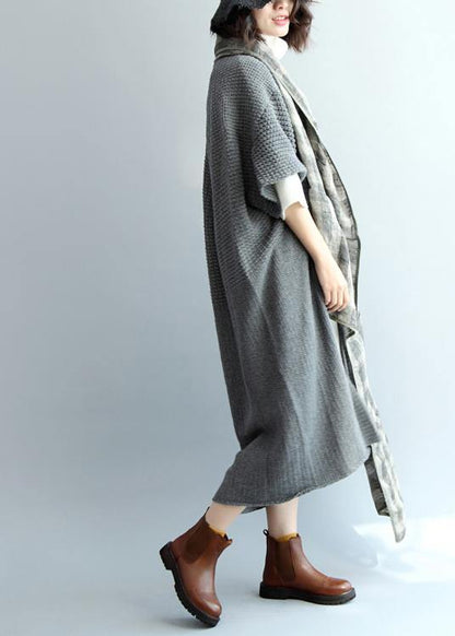 Vintage dark gray knit coats trendy plus size v neck knit sweat coats - SooLinen