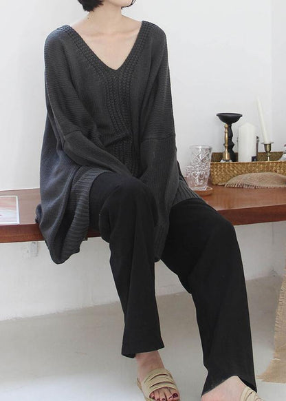Vintage dark gray knitted blouse fall fashion v neck Batwing Sleeve knitted clothes - SooLinen