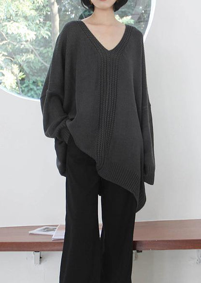 Vintage dark gray knitted blouse fall fashion v neck Batwing Sleeve knitted clothes - SooLinen