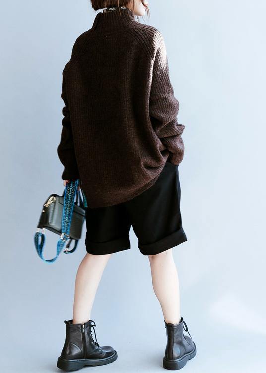 Vintage fall chocolate striped knitted blouse casual high neck knitted clothes - SooLinen