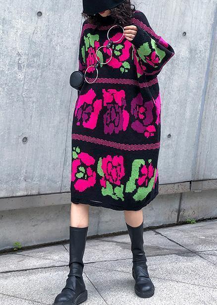 Vintage floral Sweater dress outfit Vintage stand collar Hole baggy knitwear - SooLinen