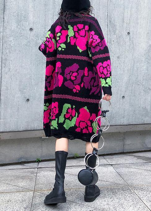 Vintage floral Sweater dress outfit Vintage stand collar Hole baggy knitwear - SooLinen