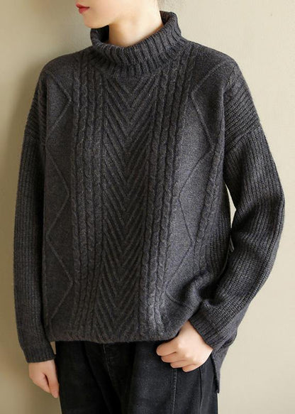 Vintage gray black knitted top cable fashion high neck knitwear - SooLinen