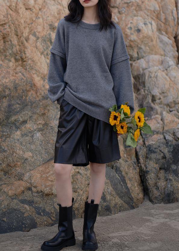 Vintage gray sweaters oversized o neck Cinched Sweater Blouse - SooLinen