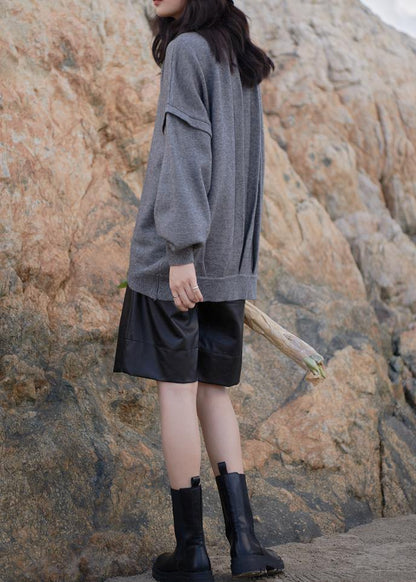 Vintage gray sweaters oversized o neck Cinched Sweater Blouse - SooLinen