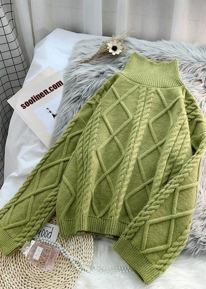 Vintage green knit sweat tops Loose fitting high neck thick knitted pullover - SooLinen