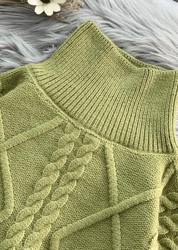 Vintage green knit sweat tops Loose fitting high neck thick knitted pullover - SooLinen