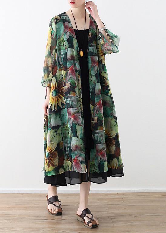 Vintage green print oversized v neck baggy cardigans - SooLinen