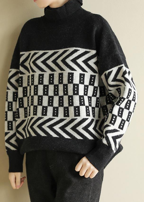 Vintage high neck black knit tops plus size clothing wild sweater tops - SooLinen