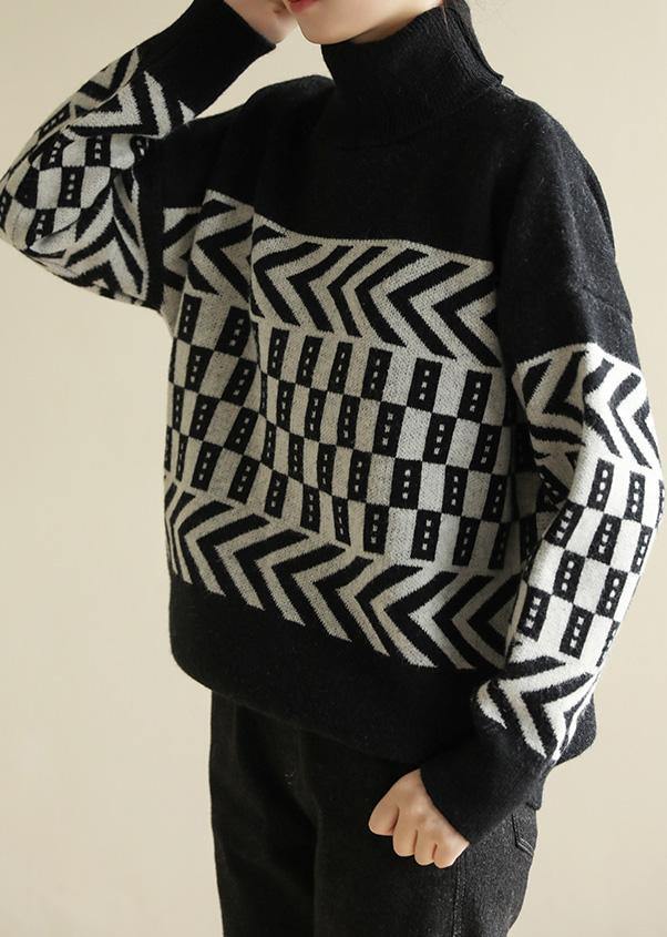 Vintage high neck black knit tops plus size clothing wild sweater tops - SooLinen