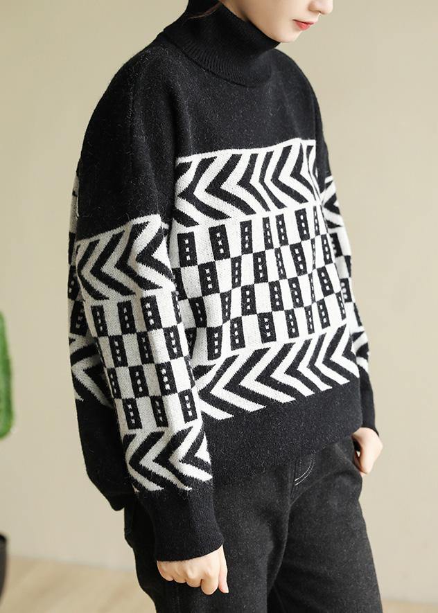 Vintage high neck black knit tops plus size clothing wild sweater tops - SooLinen