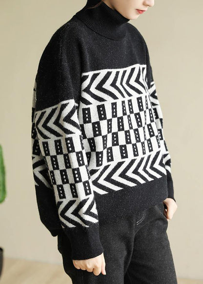 Vintage high neck black knit tops plus size clothing wild sweater tops - SooLinen