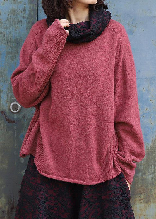 Vintage high neck red sweaters plus size long sleeve clothes For Women - SooLinen