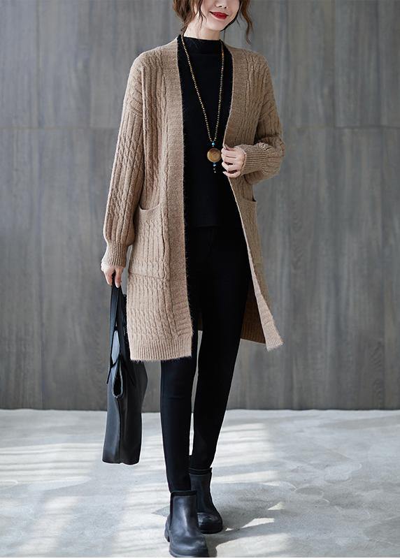 Vintage knit sweat tops trendy plus size khaki pockets baggy coats - SooLinen