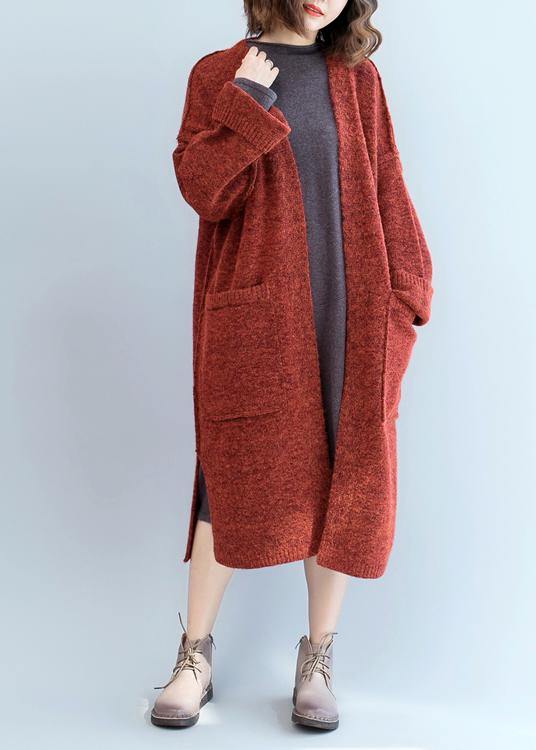 Vintage knitted coat oversized red Batwing Sleeve pockets coats - SooLinen