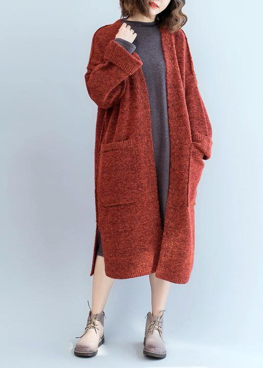 Vintage knitted coat oversized red Batwing Sleeve pockets coats - SooLinen