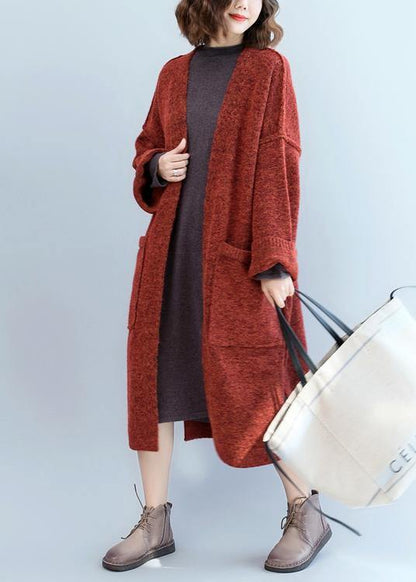 Vintage knitted coat oversized red Batwing Sleeve pockets coats - SooLinen