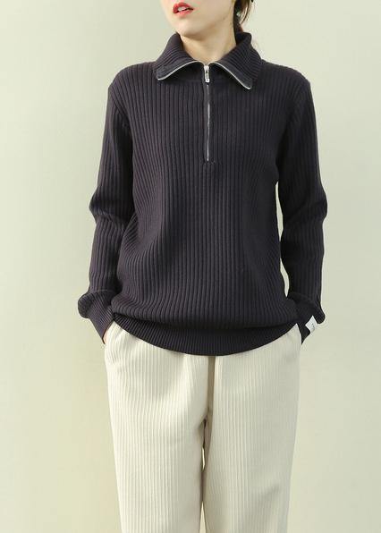 Vintage navy knitted clothes lapel zippered Loose fitting knit tops - SooLinen