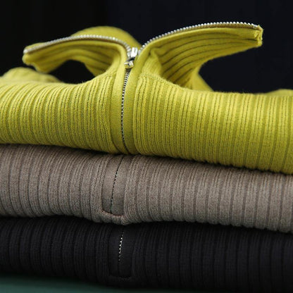 Vintage navy knitted clothes lapel zippered Loose fitting knit tops - SooLinen