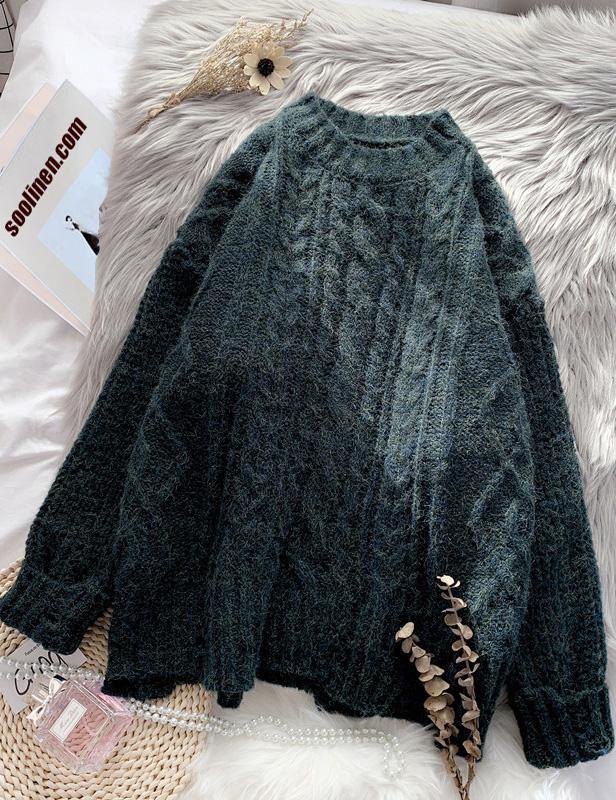 Vintage o neck brown knitwear plussize thick knitted pullover - SooLinen