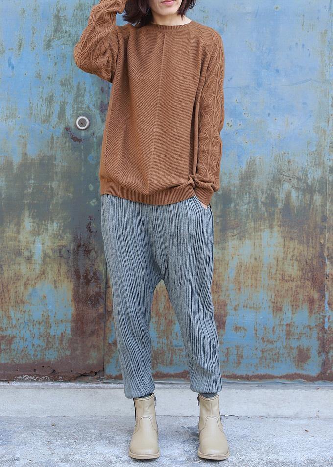 Vintage o neck cable khaki knit sweat tops plus size side open Sweater Blouse - SooLinen