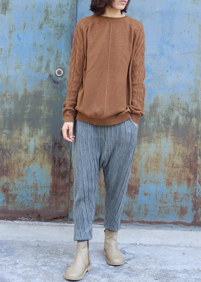 Vintage o neck cable khaki knit sweat tops plus size side open Sweater Blouse - SooLinen