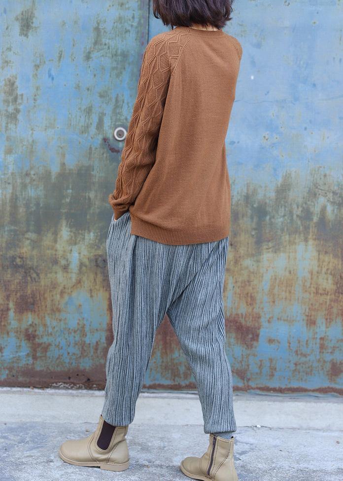 Vintage o neck cable khaki knit sweat tops plus size side open Sweater Blouse - SooLinen