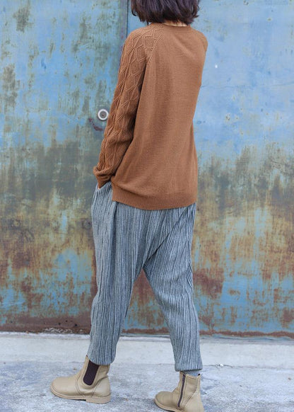 Vintage o neck cable khaki knit sweat tops plus size side open Sweater Blouse - SooLinen